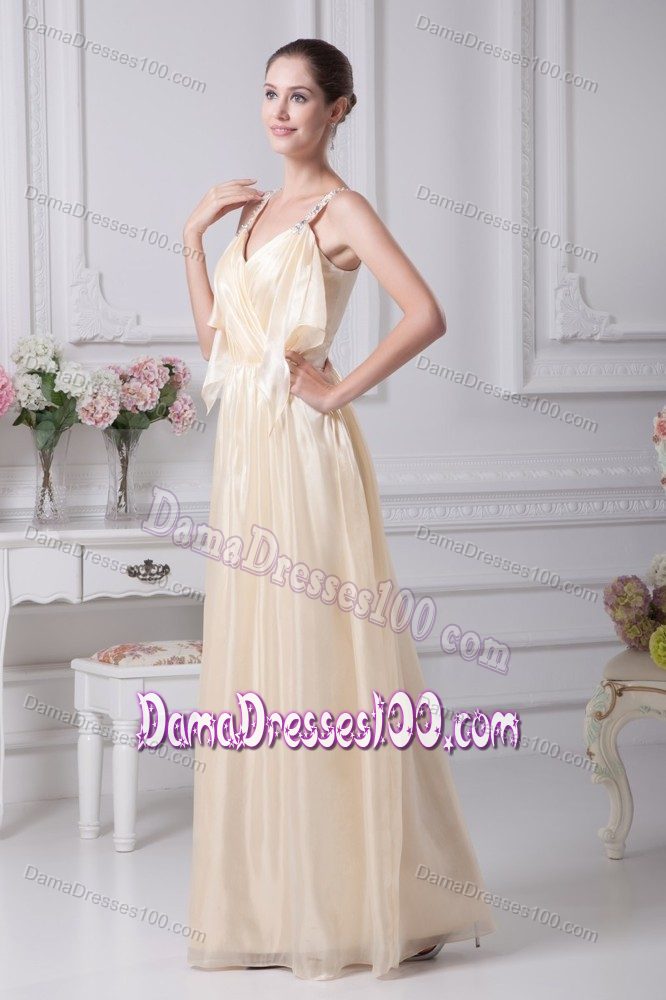 Beading Straps with V Neck and Pleat Champagne Dama Dress in Column