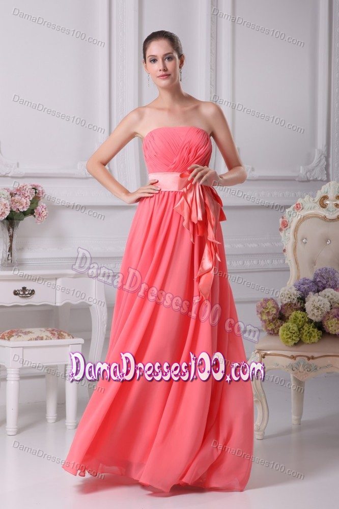 Watermelon Strapless Ruche Quinceanera Damas Dresses with Ribbon