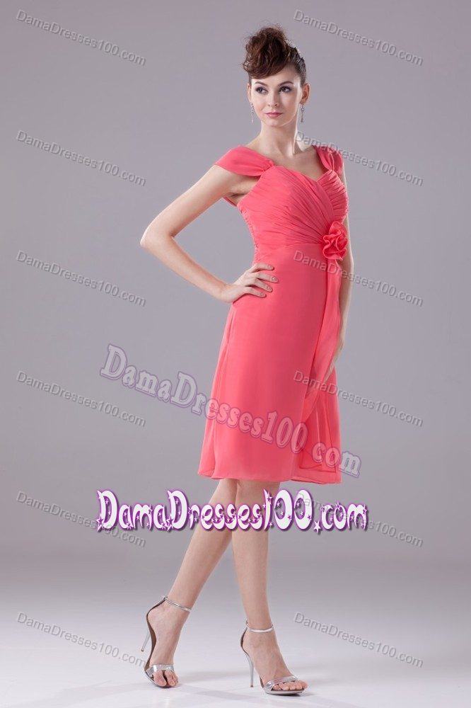 Wide Straps Prom Gown with Handle Flower and Ruche to Knee-length