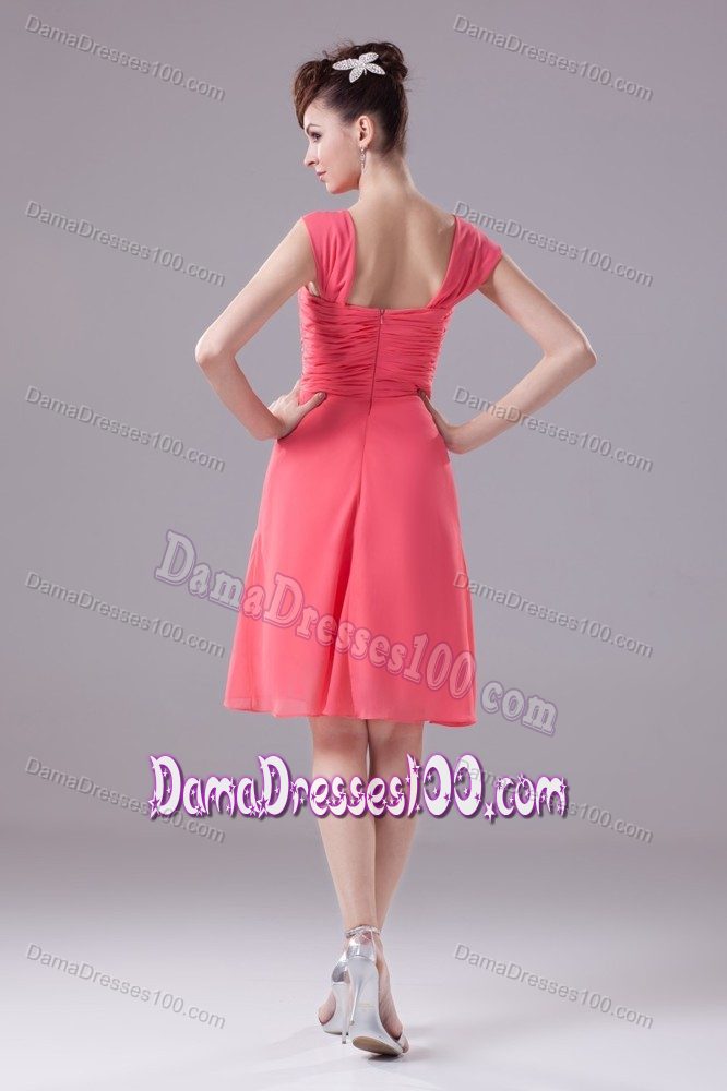 Wide Straps Prom Gown with Handle Flower and Ruche to Knee-length