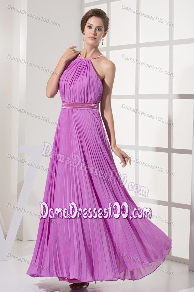 Pleating Decorated Halter Quince Dama Dresses with Sash to Ankle