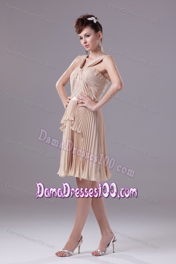 Pleating and Twisted Straps for V-neck Dama Dress in Champagne