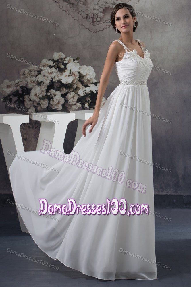 Two Straps on Shoulders Long Dama Dress with Handle Flower in White