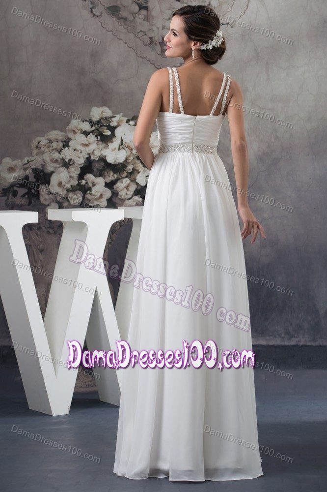 Two Straps on Shoulders Long Dama Dress with Handle Flower in White