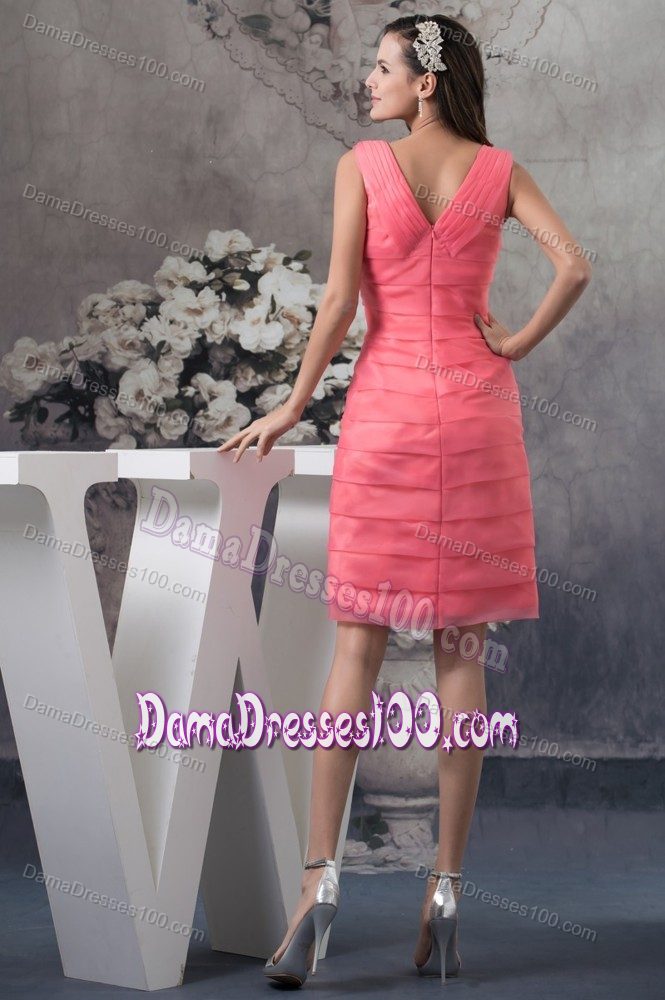 Watermelon V-neck with Straps Prom Dresses for Dama with Layers