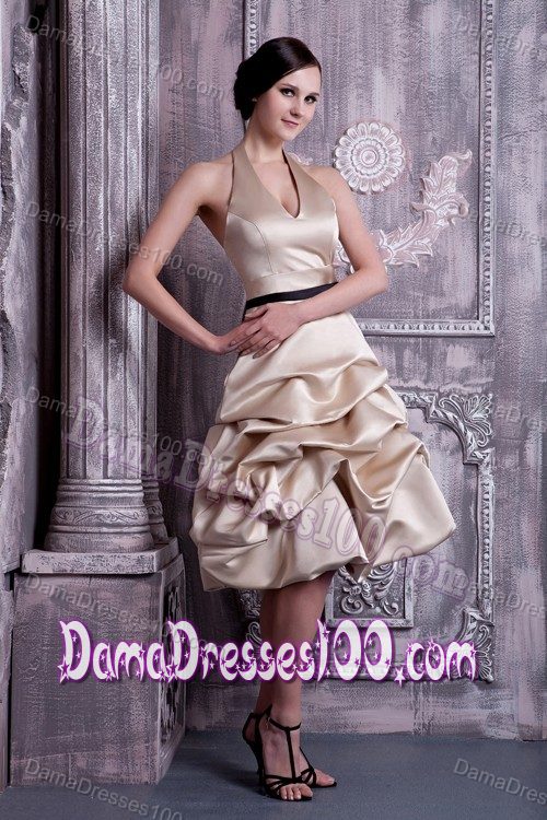 Champagne Halter A-line Formal Dresses for Dama Embellished Pick-ups