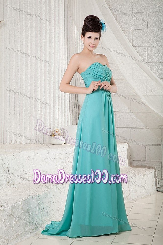 Turquoise Empire Dama Dress with Ruching Attached Brush Train