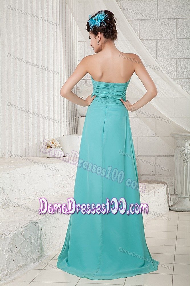 Turquoise Empire Dama Dress with Ruching Attached Brush Train