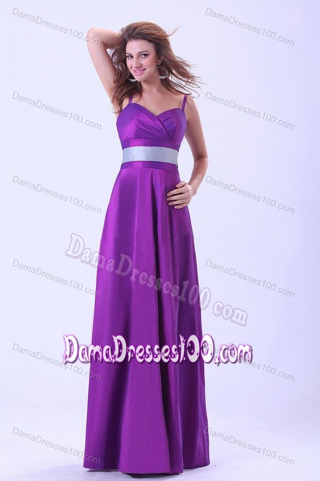 Purple Empire Spaghetti Straps Taffeta Party Dama Dresses With Belt