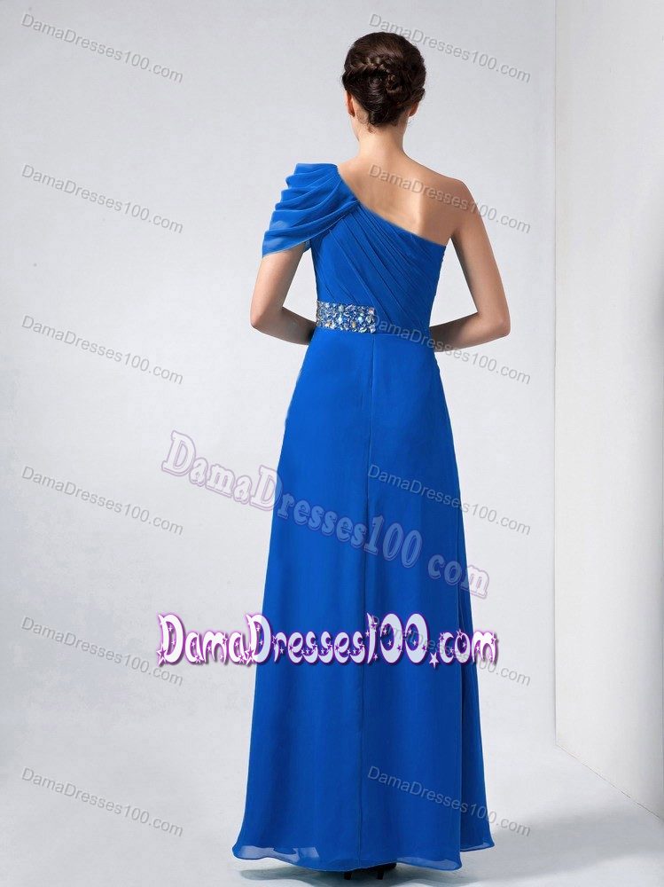 Chiffon One Shoulder Ruched Beaded Blue Long Dama Dresses
