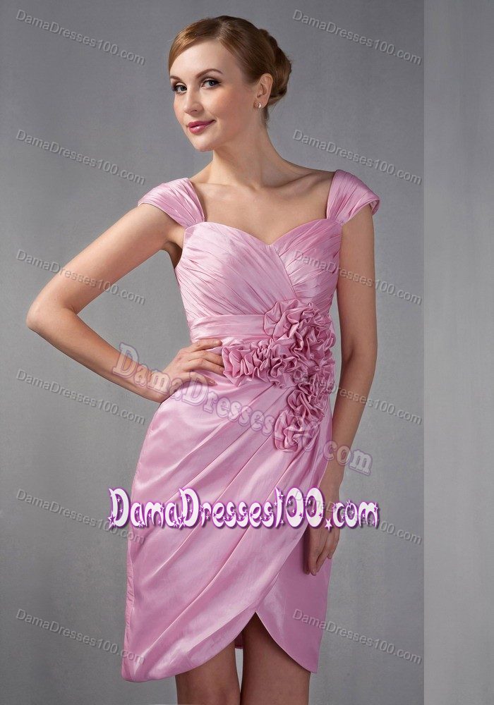 Cap Sleeves Rose Pink Dresses for Damas with Hand Made Flowers
