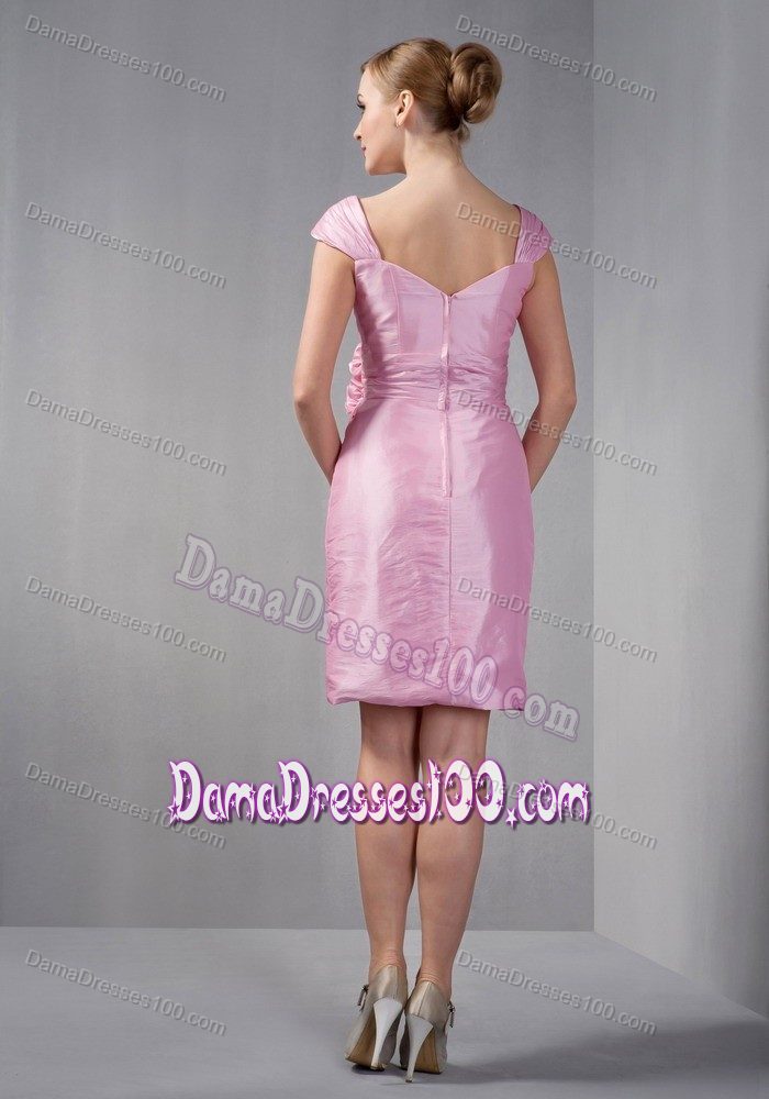 Cap Sleeves Design for Rose Pink Ruche and Flowers Accented Dama Dress