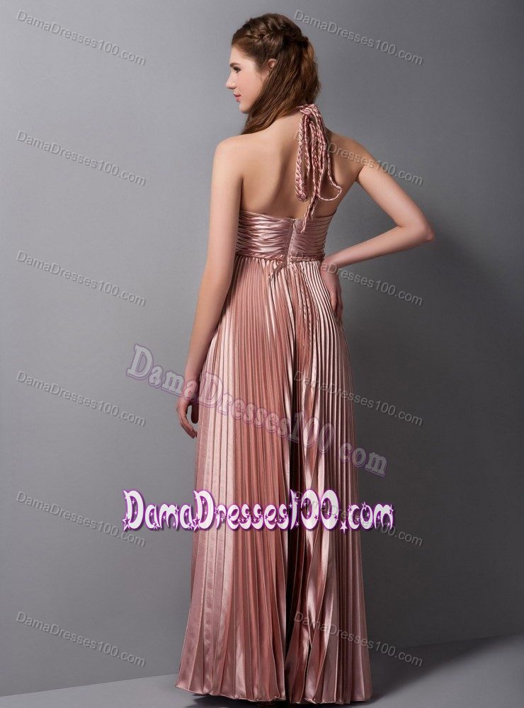 Stylish Rust Red Column Pleat Prom Dress with Halter Top Design