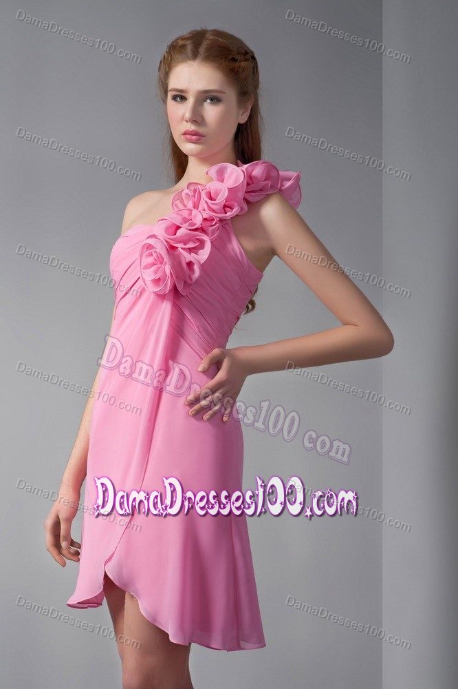 Pink One Shoulder Short Chiffon with Flowers Prom Dresses for Dama