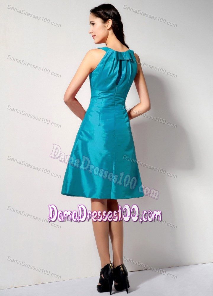 A-line Bateau Turquoise Dama Dress for Quinceaneras in Knee-length