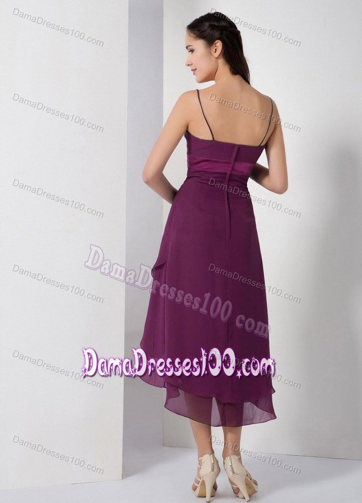 High-low Spaghetti Straps Purple Bridesmaid Dama Dress Online
