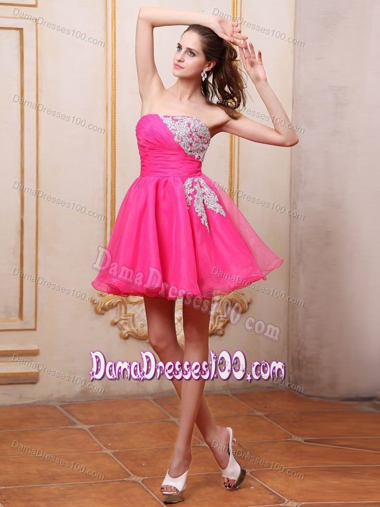 2013 Hot Sale Puffy Hot Pink Short Dama Dresses with Appliques