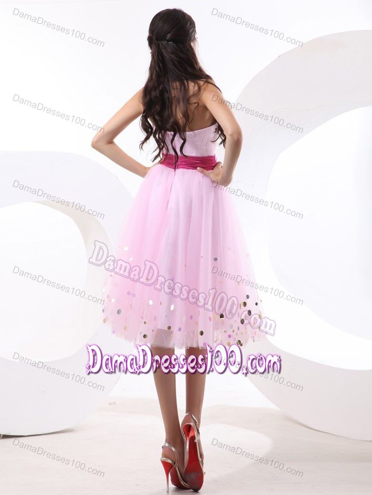Cute Tulle Knee-length Baby Pink Dress for Damas with Paillette