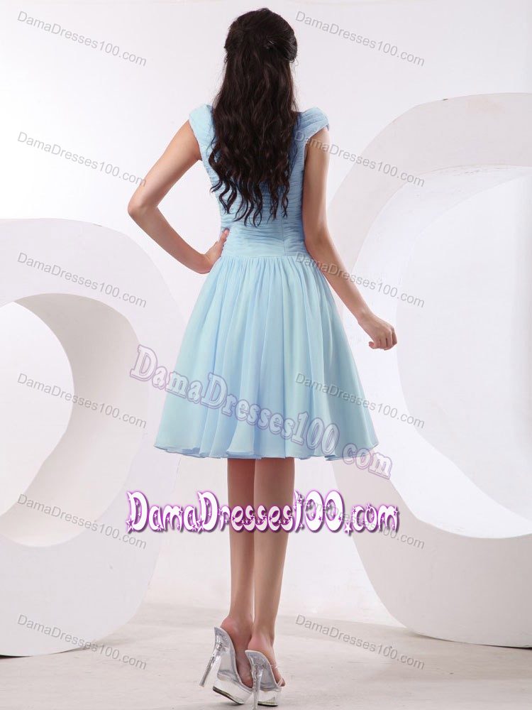 New Bateau Neck Baby Blue Ruched Quinceanera Damas Dresses