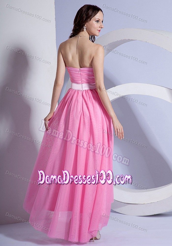 Cheap High-low Ruched Dama Dress for Quinceaneras in Pink