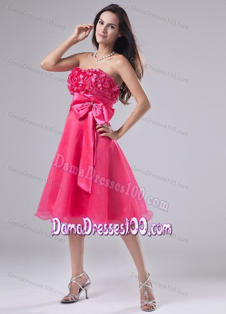 Hot Pink Short Quinceanera Dama Dress with Flowers and Bow