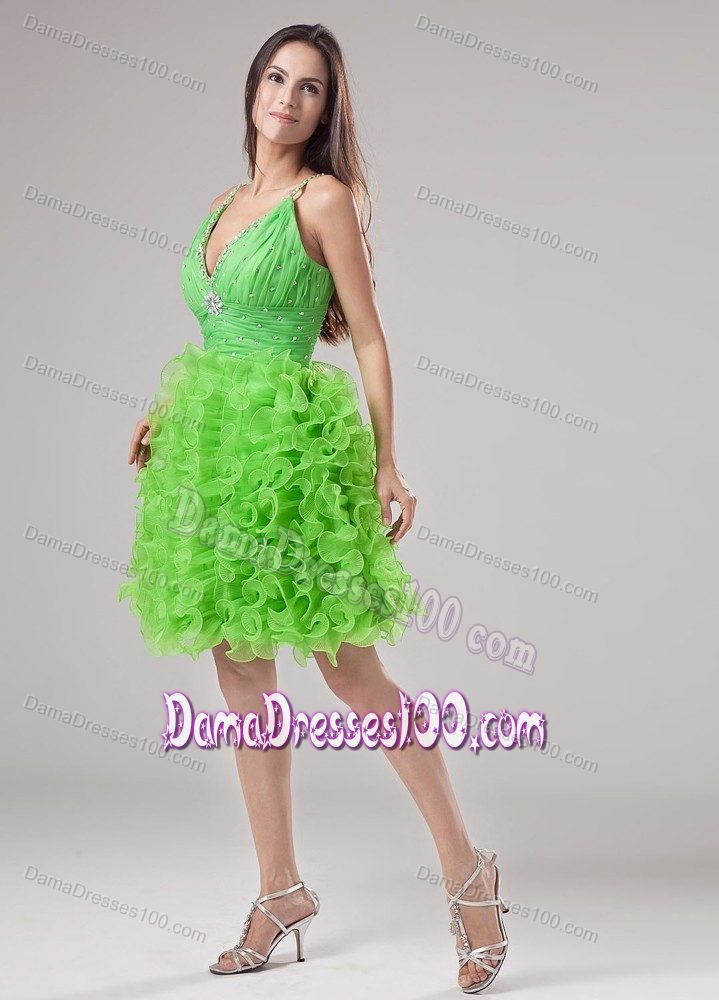 Straps Short Spring Green Dama Dress with Beading and Ruffles