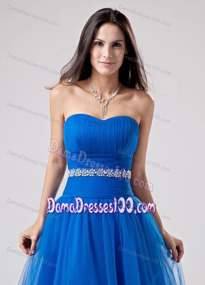 Knee-length Blue Bridesmaid Dama Dresses with Beaded Waist