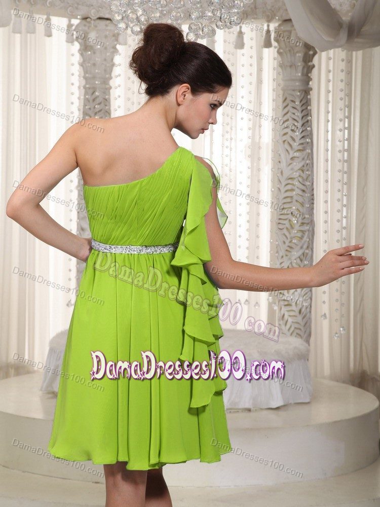 Most Popular One Shoulder Ruched Dama Dress in Yellow Green