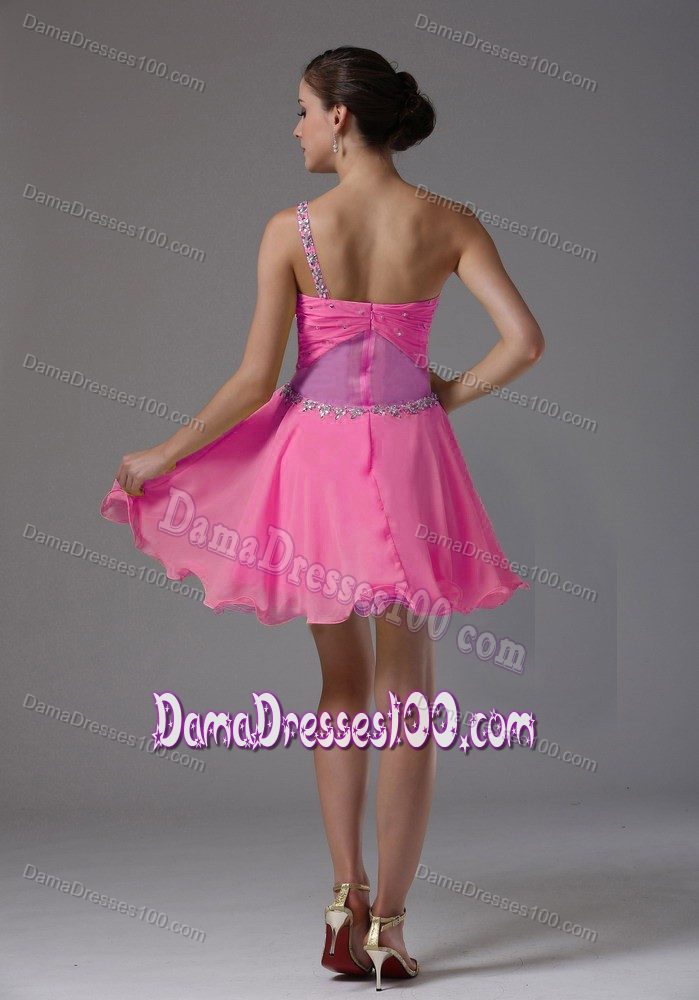 Chiffon One Shoulder Ruched Beaded Mini Dama Dress in Hot Pink