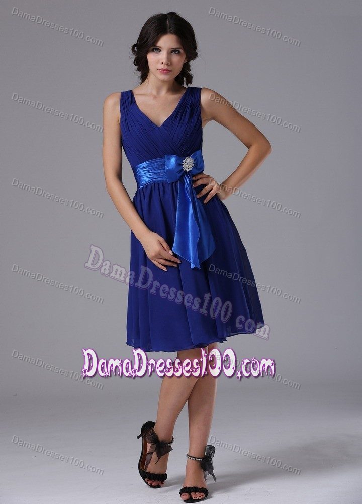 V-neck Ruched Peacock Blue Party Dama Dresses with Bowknot