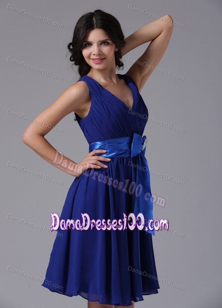 V-neck Ruched Peacock Blue Party Dama Dresses with Bowknot