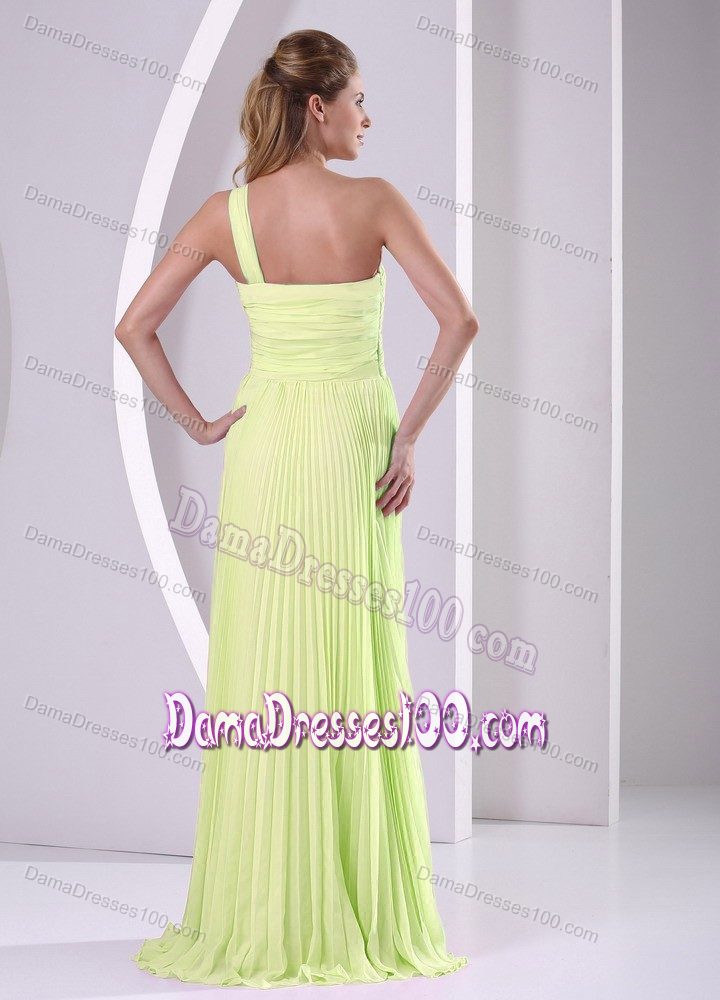 Pretty Pleated Long Yellow Green Dress for Damas One Shoulder