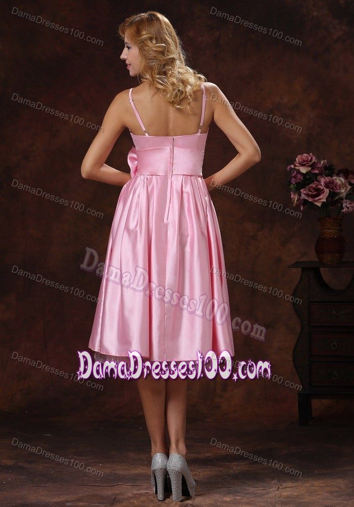 Baby Pink Quince Dama Dress with Straps and Bow Tea-length