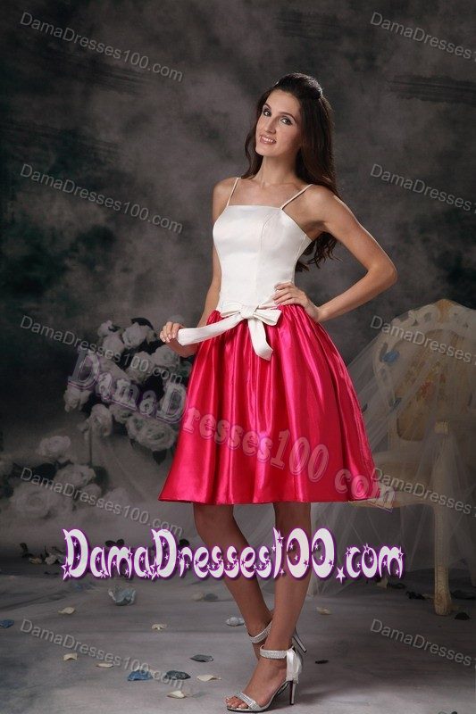New White and Hot Pink Short Dama Dress with Straps and Straps