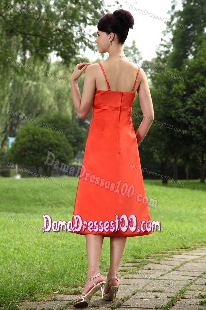 Tea-length Red Dama Dresses with Spaghetti Straps and Beads