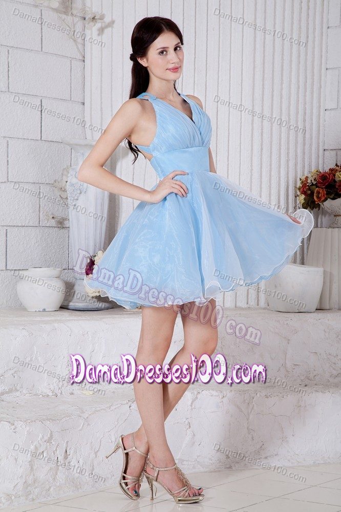 Mini-length Sky Blue Quince Dama Dress with Crisscross Back