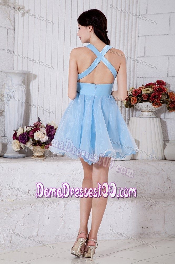 Mini-length Sky Blue Quince Dama Dress with Crisscross Back