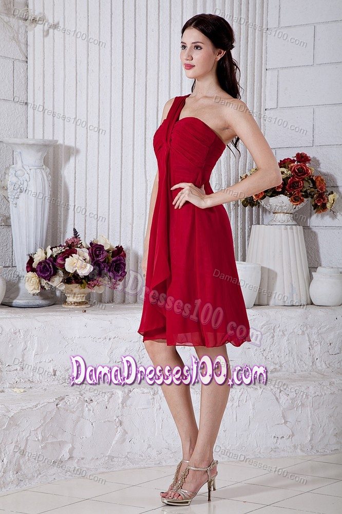 Wine Red Knee-length Quinceanera Dama Dresses One Shoulder