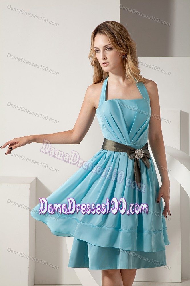 Halter Top Aqua Blue Short Dama Quinceanera Dress with Sash