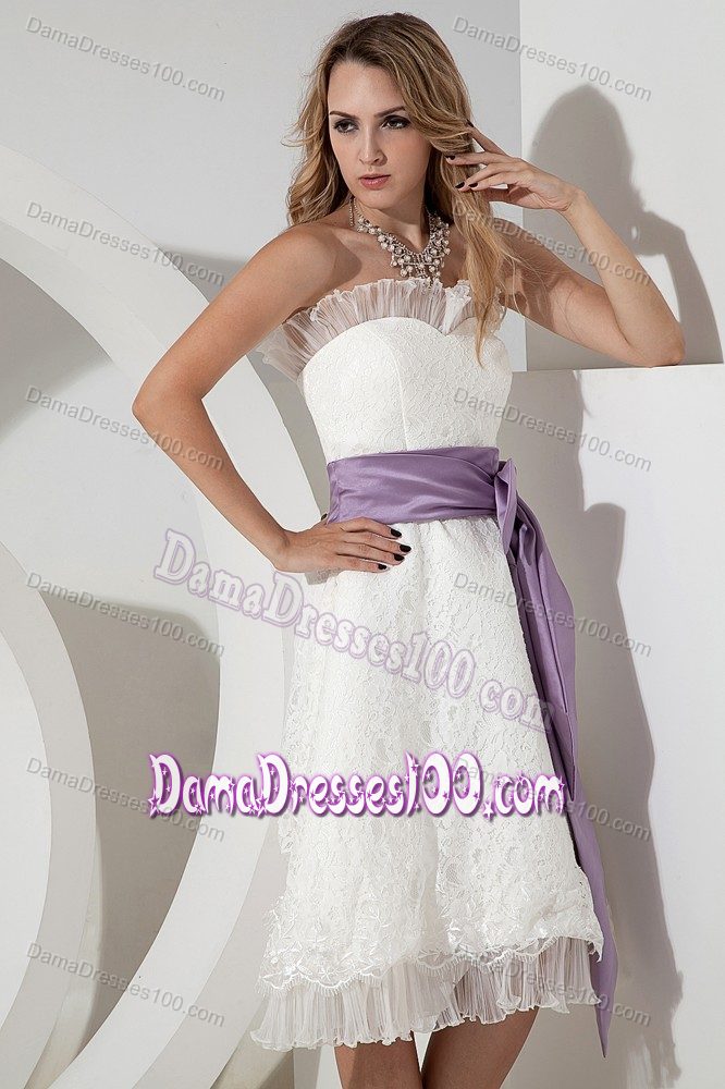 White Tea-length Lace Dama Dress with Lavender Sash about 150