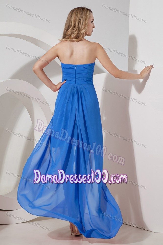 High-low Blue Quince Dama Dress with Flowers and Embroidery