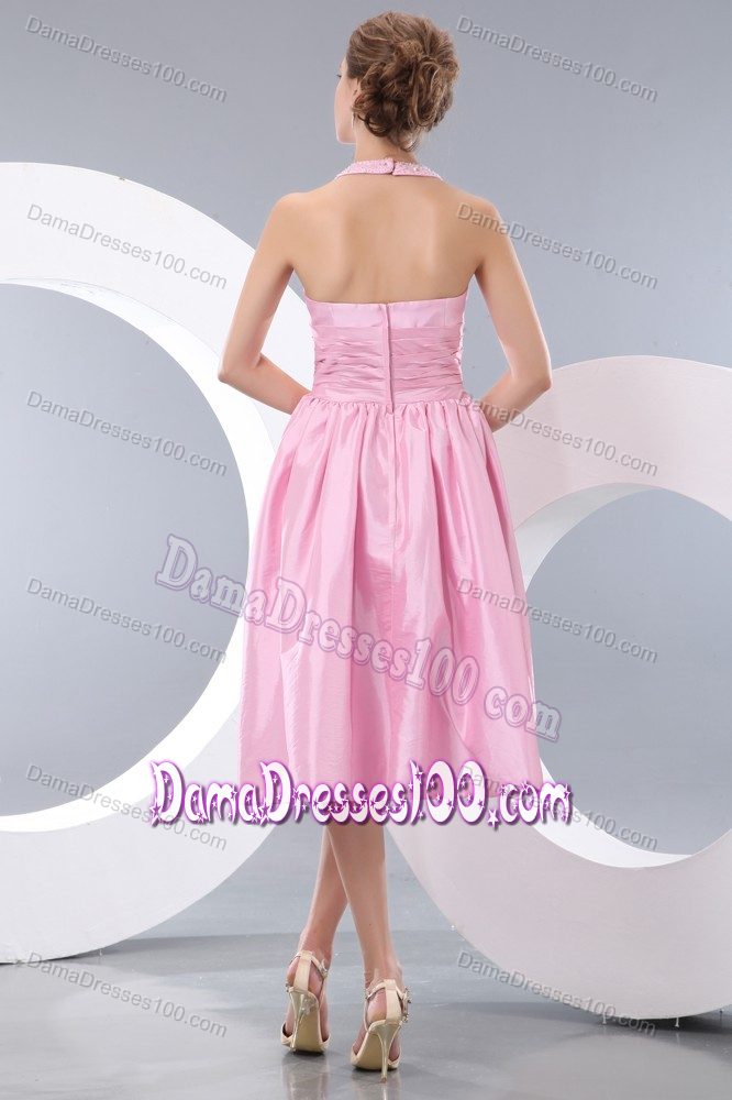 Pink Tea-length Halter Top Quinceanera Dama Dresses with Sash