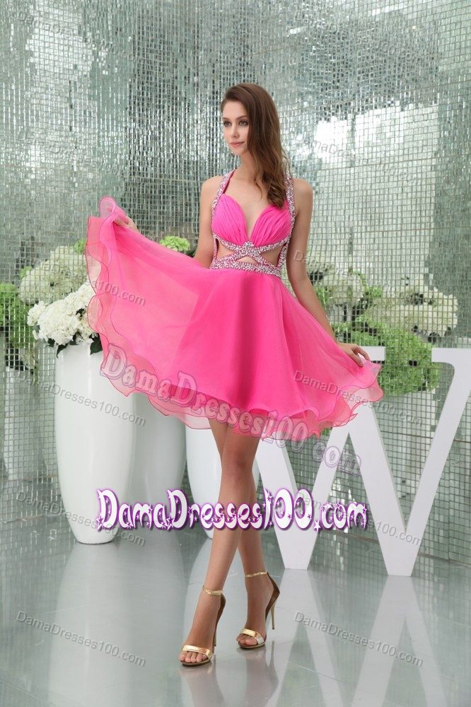 Cool Back Hot Pink Mini Quince Dama Dress with Cut out Waist