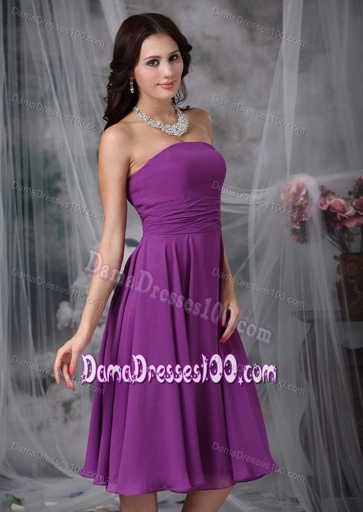 New Chiffon Strapless Tea-length Quince Dama Dresses in Purple