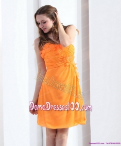 2015 Gorgeous Strapless Orange Dama Dress with Hand Made Flowers and Ruching