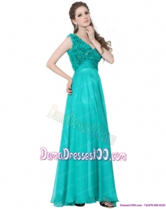 2015 Turquoise One Shoulder Dama Dresses with Ruching and Hand Made Flowers
