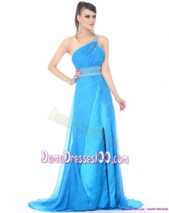 Elegant 2015 One Shoulder Blue Long Dama Dresses with Rhinestones