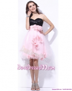 Sweetheart Sequins and Hand Made Flowers Dama Dresses in Pink and Black