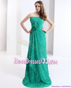 2015 New Style Strapless Long Dama Dress with Hand Made Flowers and Ruching