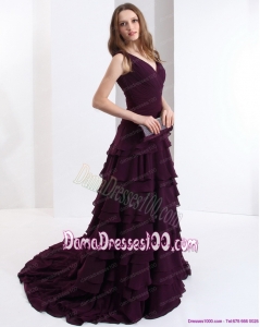 Classical V Neck Long Dama Dress in Dark Purple for 2015